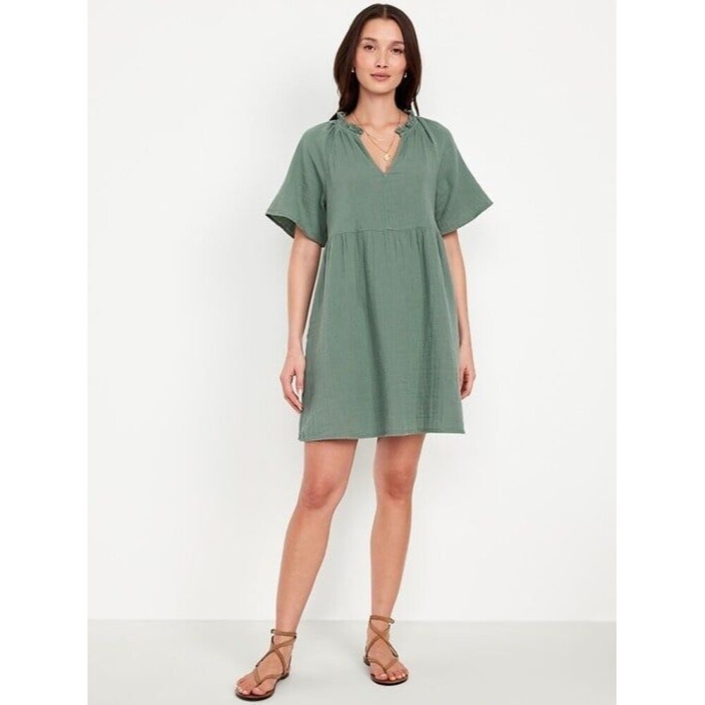 Old Navy 100% Cotton Split-Neck Crinkle Gauze Pockets Mini Swing Dress M